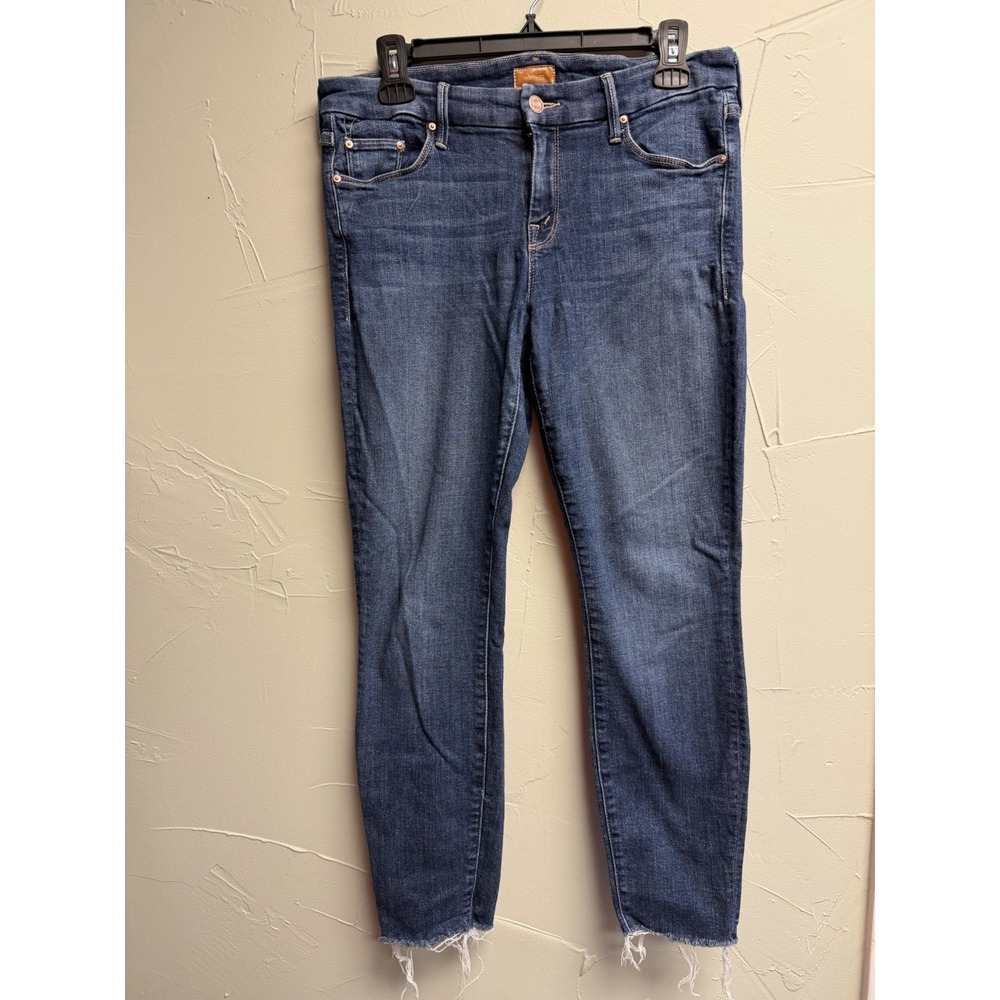 MOTHER The Looker Ankle Fray Jeans 29 Girl Crush Skinny Raw Hem Blue Denim